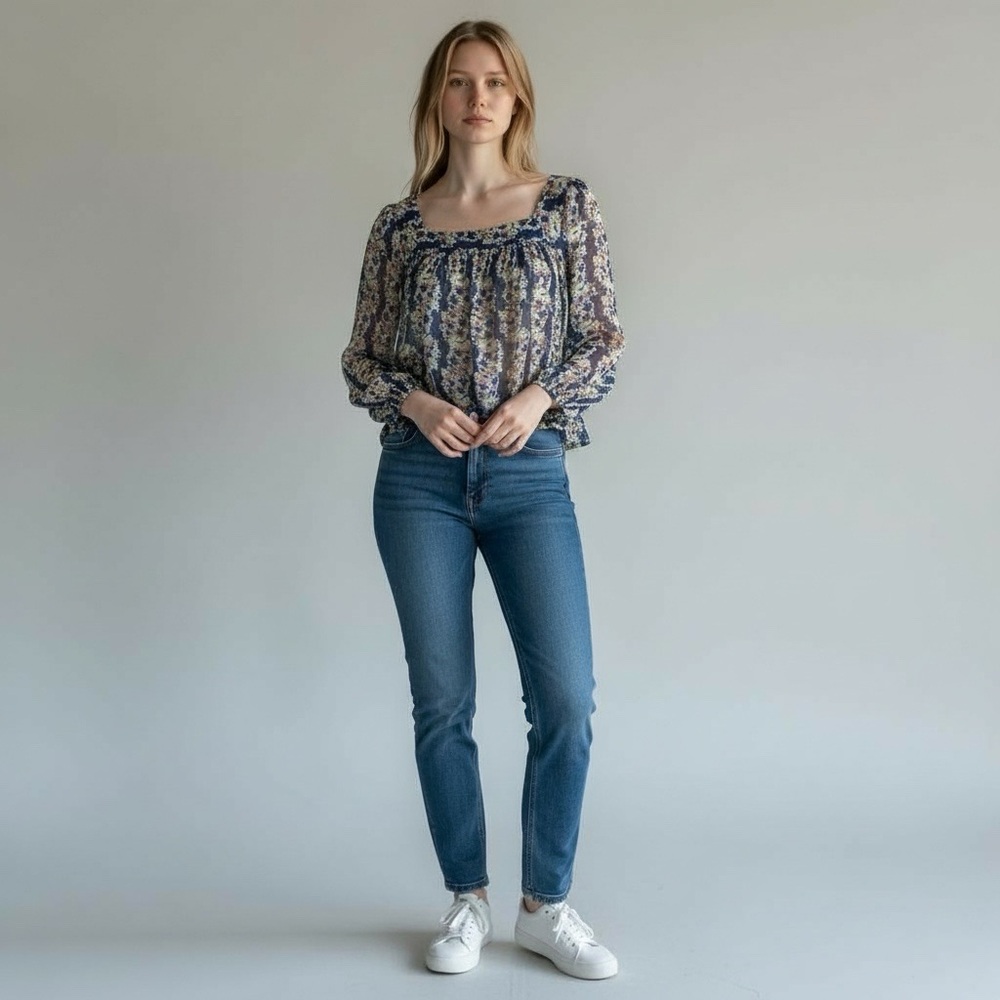 Jessica Simpson Sheer Floral-Print Square-Neck Blouse #051